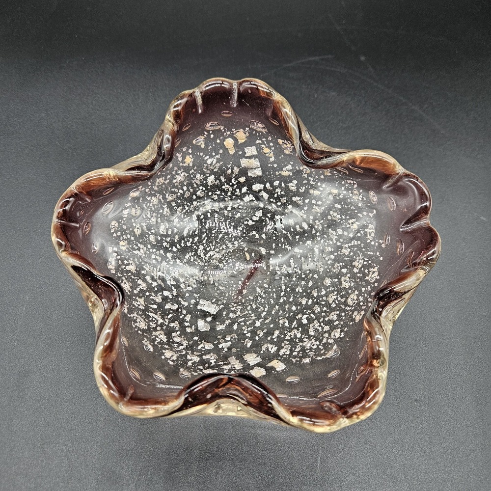Hand Blown Murano Amethyst Art Glass Bowl Ruffled Controlled Bubble Silver Fleck